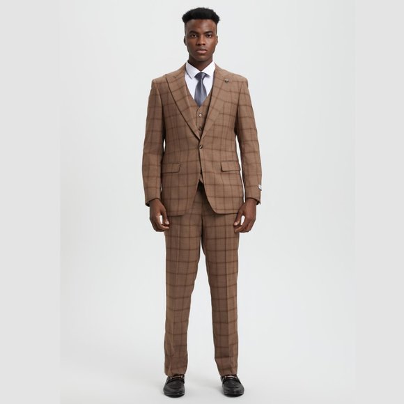Stacy Adams Windowpane 3pc Men's Suit, Tanned Brown - Picture 5 of 5